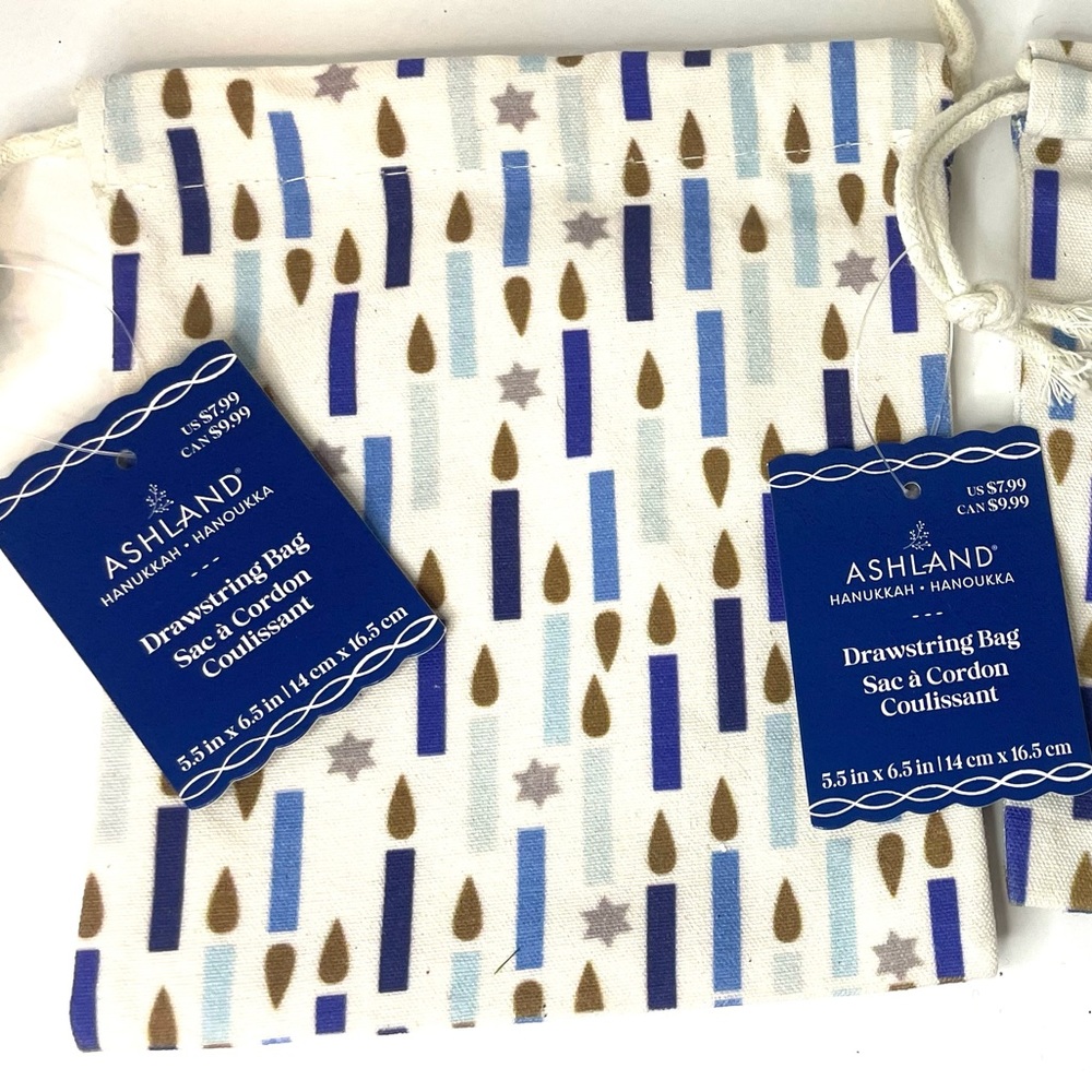 Hanukkah Gift Bags, drawstring canvas gift pouch with festive candle design